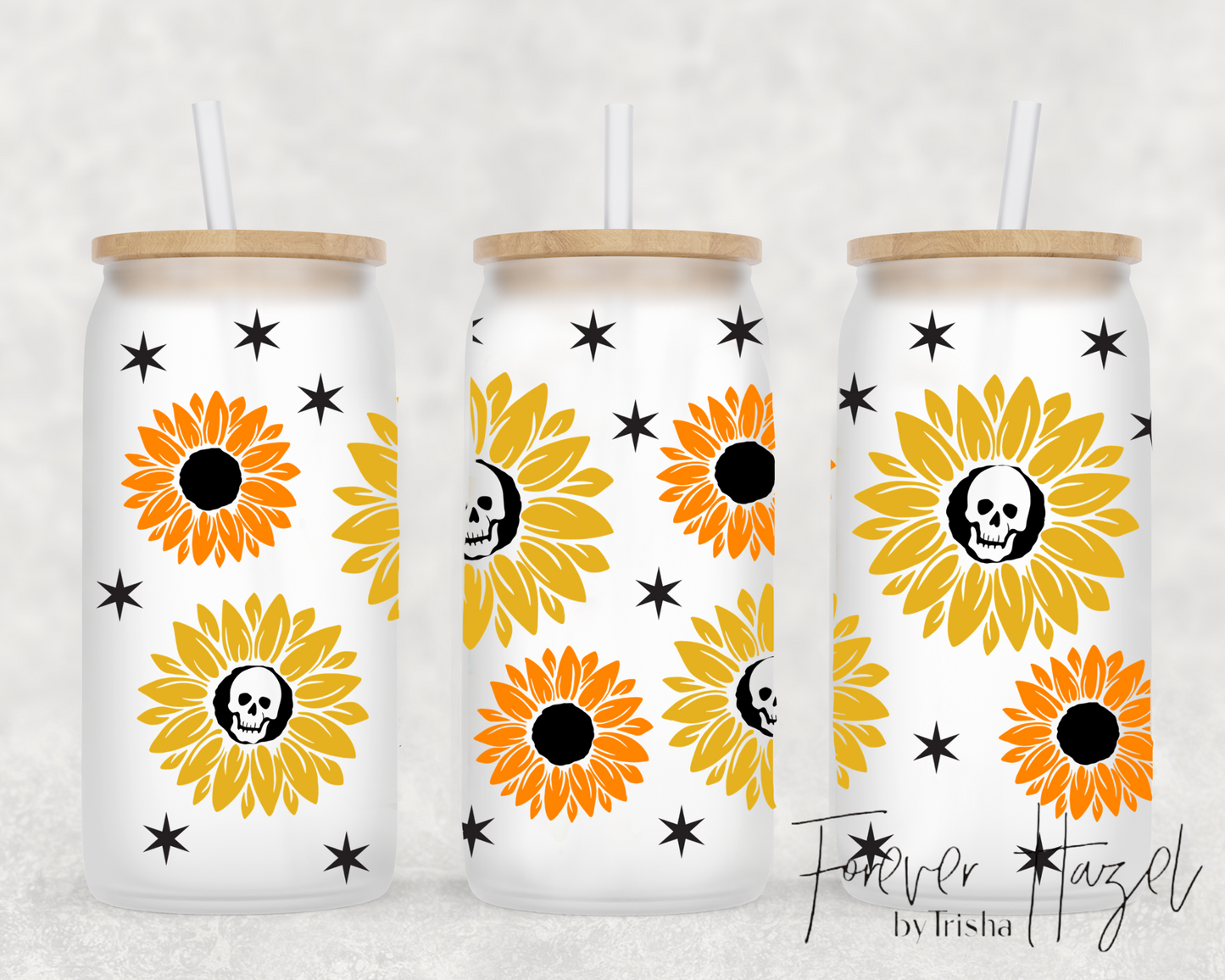 Skulls & Sunflowers 16oz Frosted Glass Can