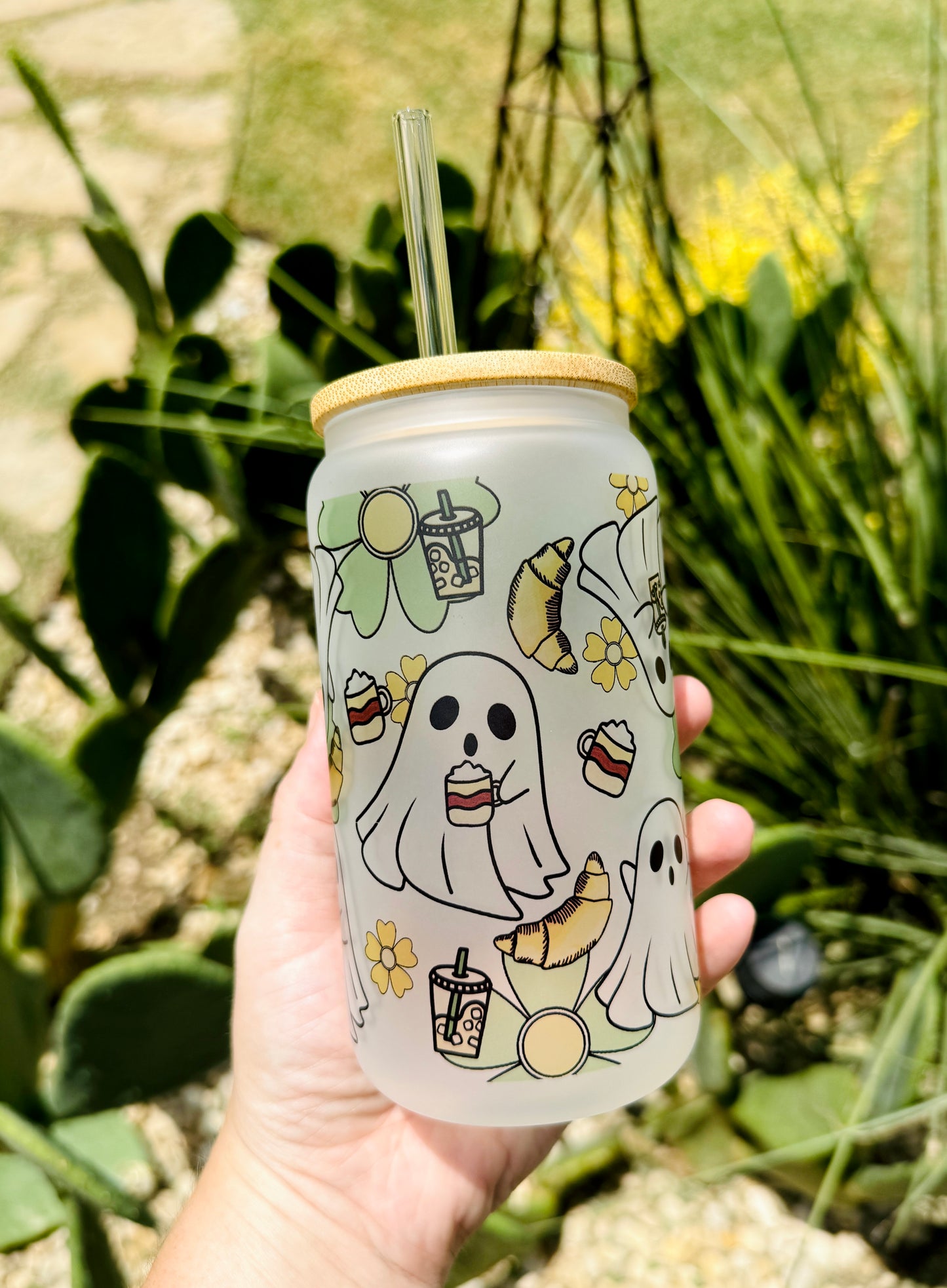 Coffee Ghosts and Croissants 16oz Frosted Glass Can