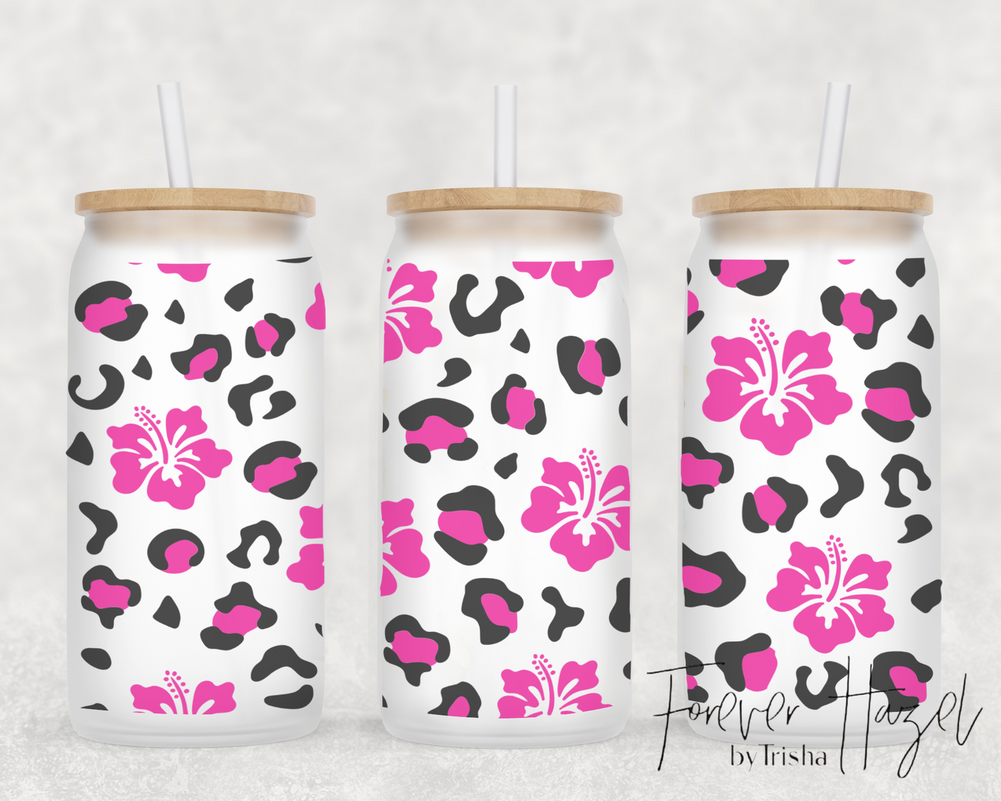 Hibiscus Flowers & Cheetah 16oz Frosted Glass Can