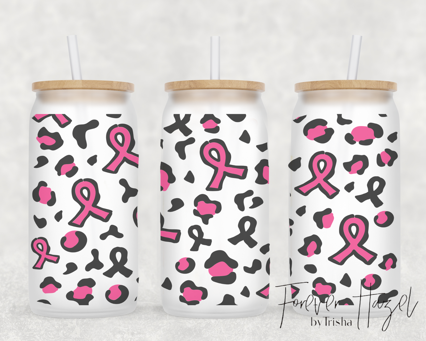Pink Ribbons & Cheetah 16oz Frosted Glass Can