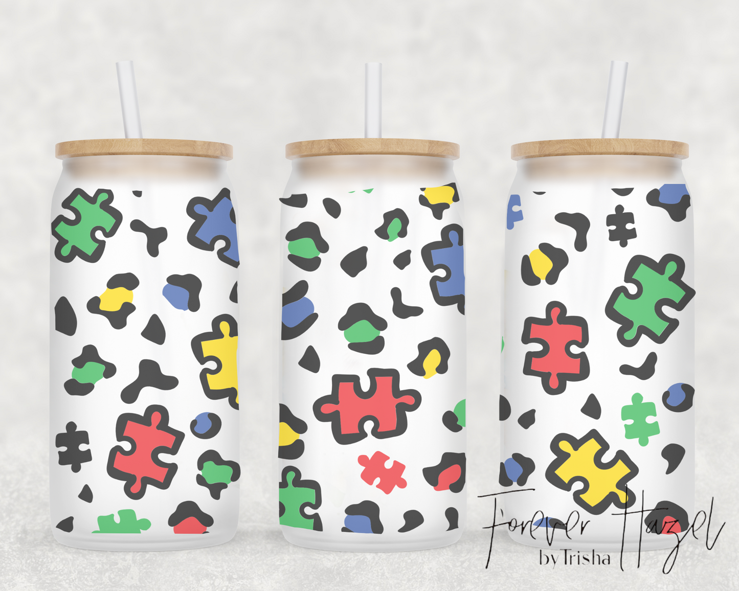Autism Puzzle Pieces & Cheetah 16oz Frosted Glass Can