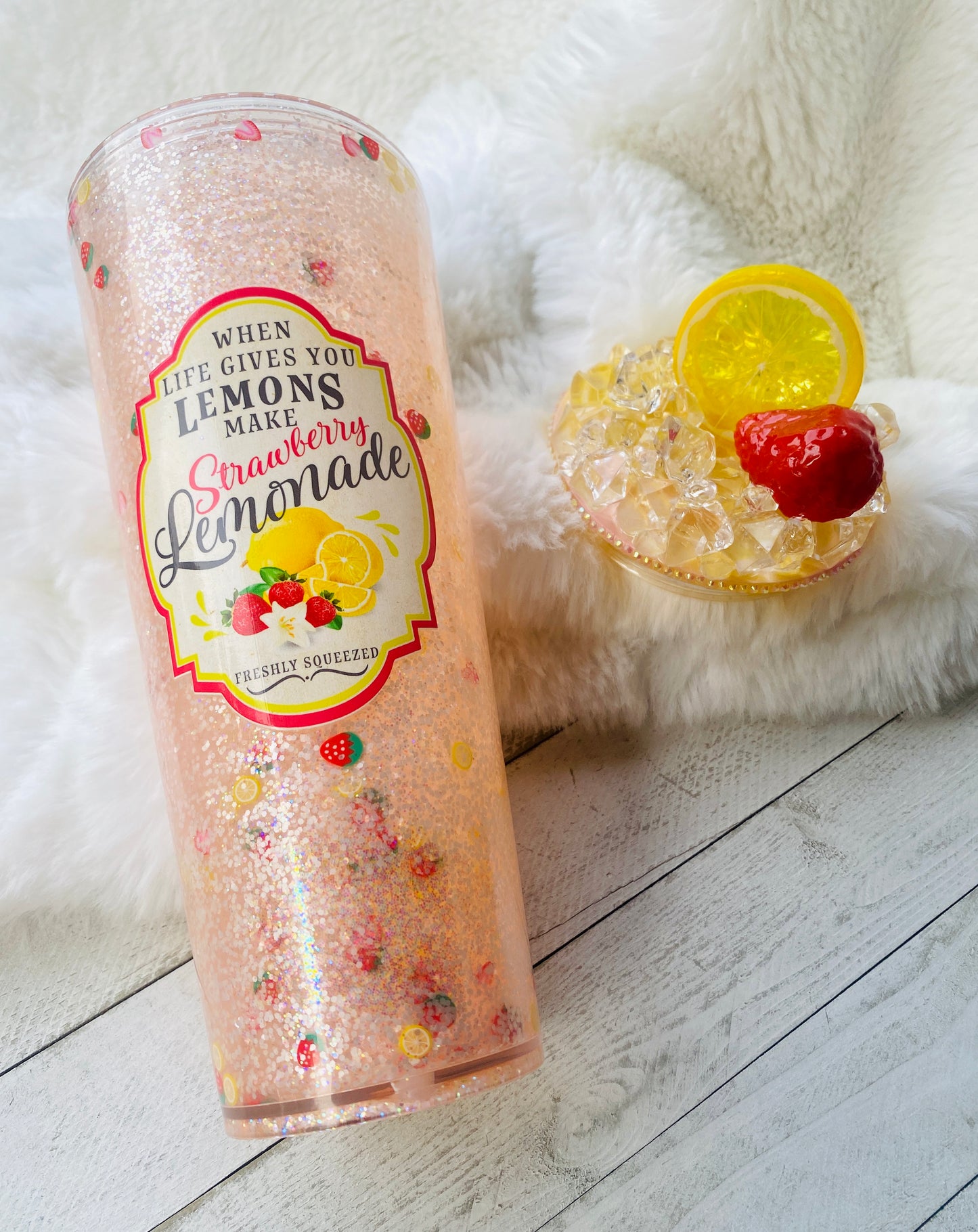 Strawberry Lemonade Glitter Snowglobe Acrylic 24oz Tumbler