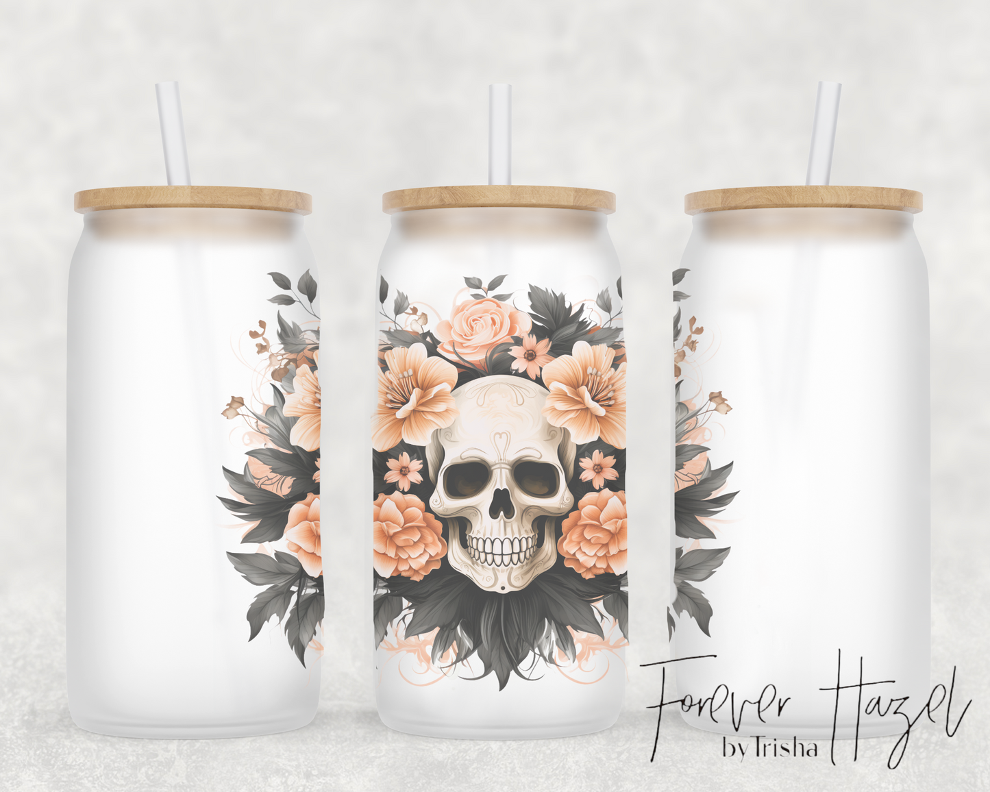 Floral Skull 16oz Frosted Glass Can