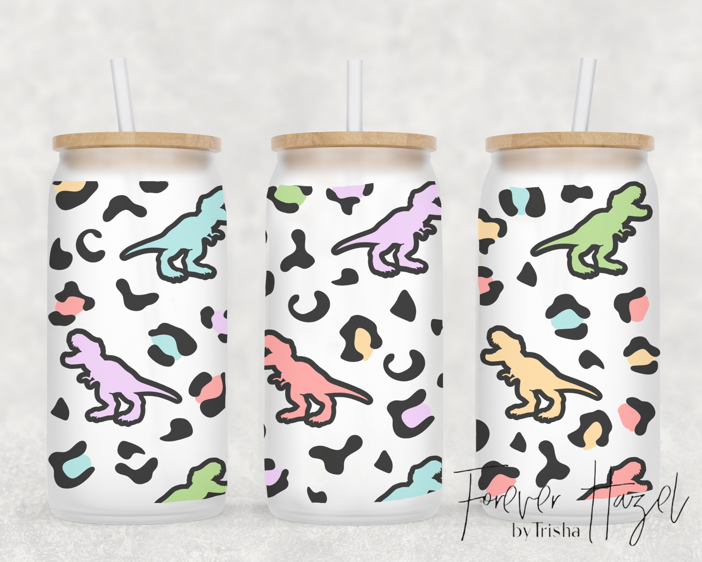 Rainbow Dinosaurs & Cheetah 16oz Frosted Glass Can