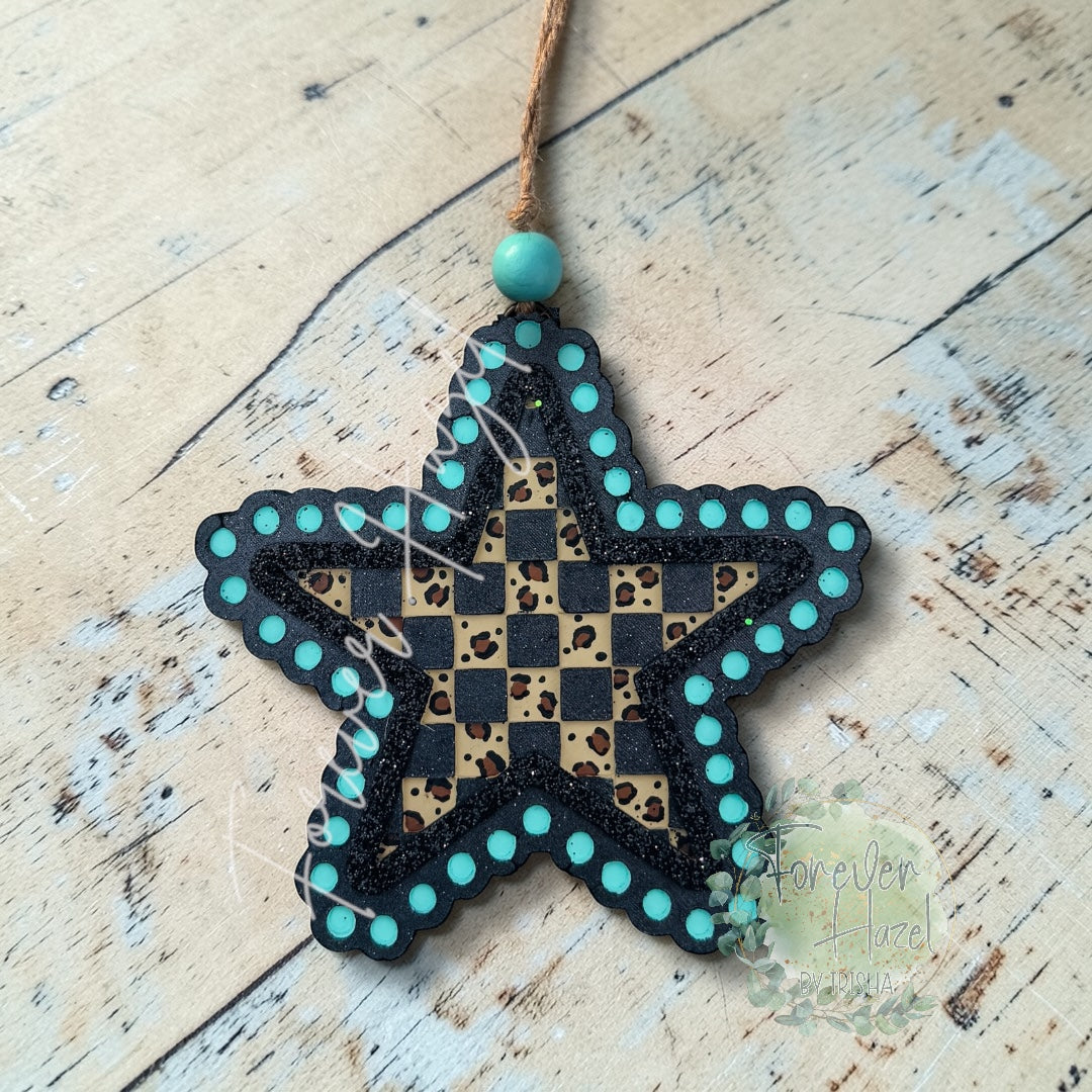 Turquoise and Cheetah Checkered Star Freshie: Western Aroma Bead Air Freshener