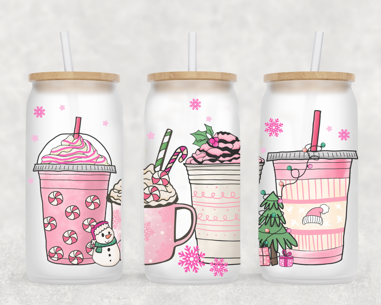 Pink Christmas Coffee Cups 16oz Frosted Glass Can