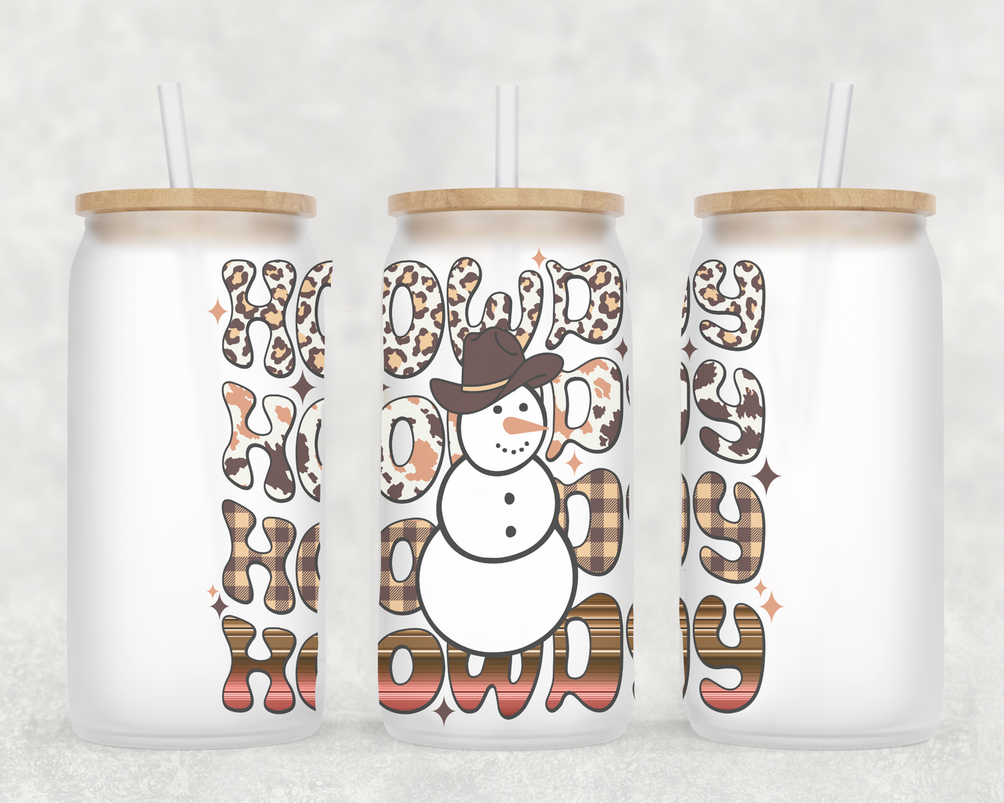 Howdy Snowman 16oz Frosted Glass Can