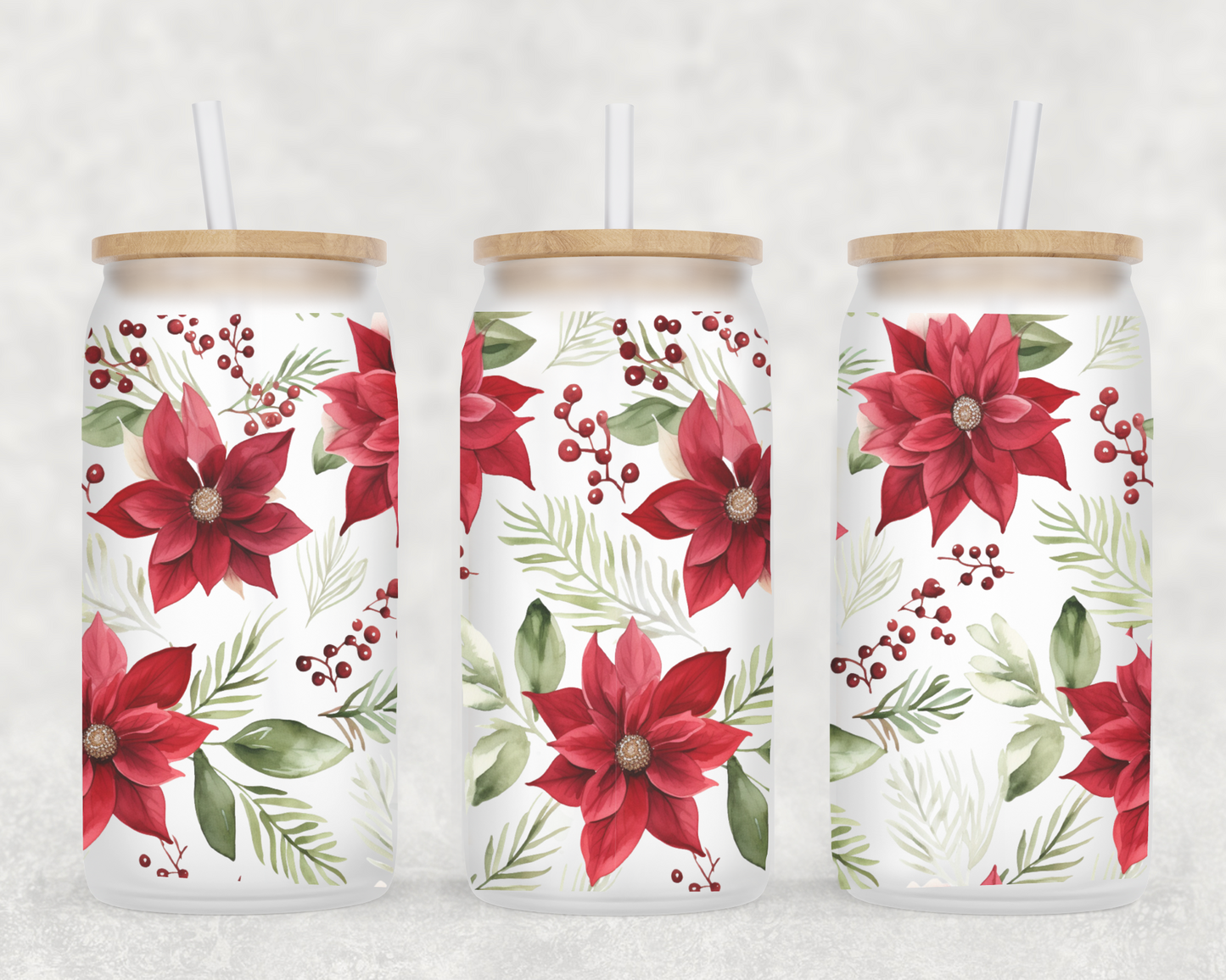 Red Pointsettias 16oz Frosted Glass Can
