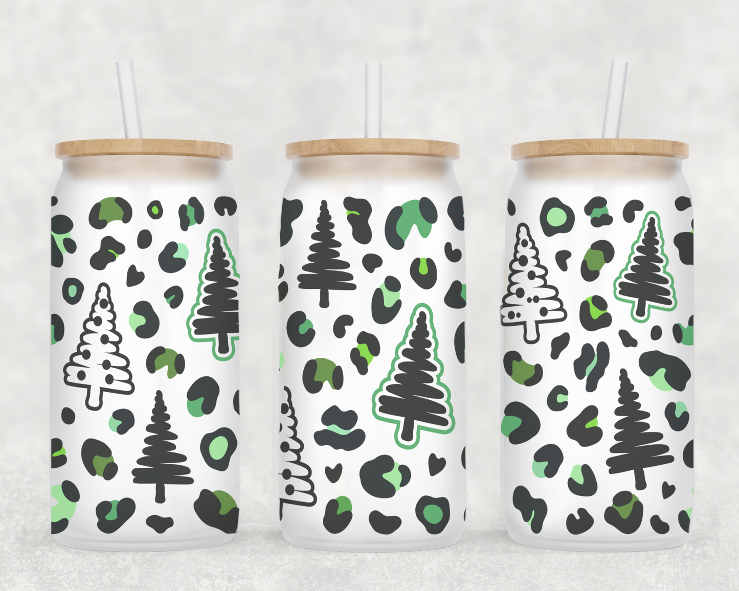 Green Cheetah Christmas Trees 16oz Frosted Glass Can