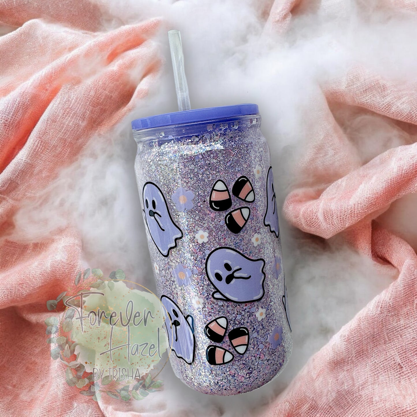 Cute Ghosties and Candy Corn 16oz Acrylic Glitter Can