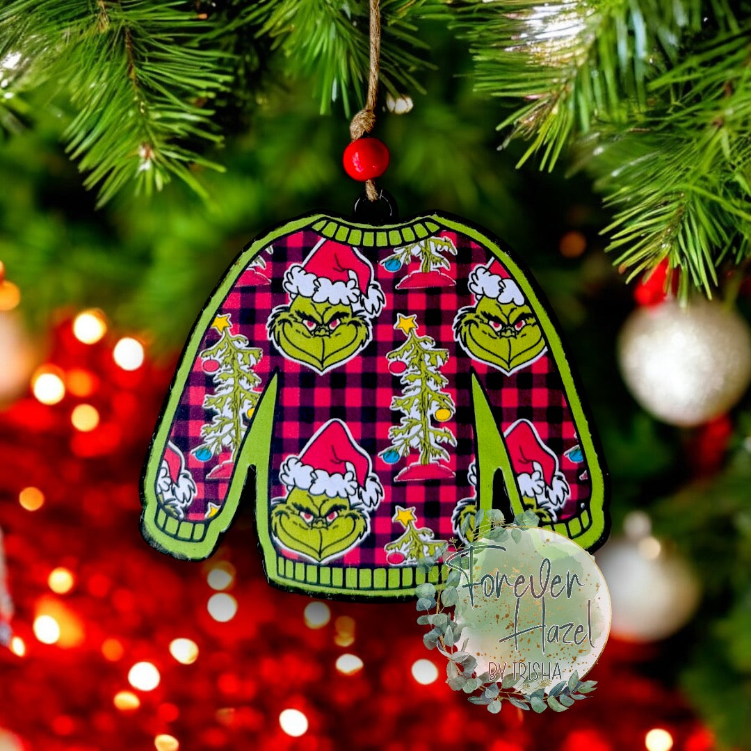 Green Man Plaid Ugly Christmas Sweater Freshie: Holiday Aroma Bead Air Freshener