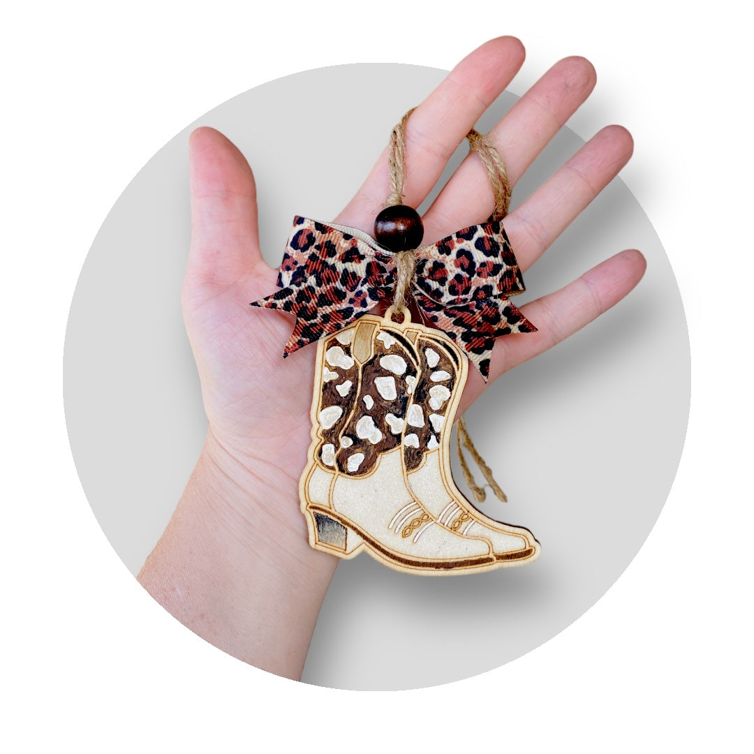 Glittery Cheetah Cowgirl Boot Wood Car Charm
