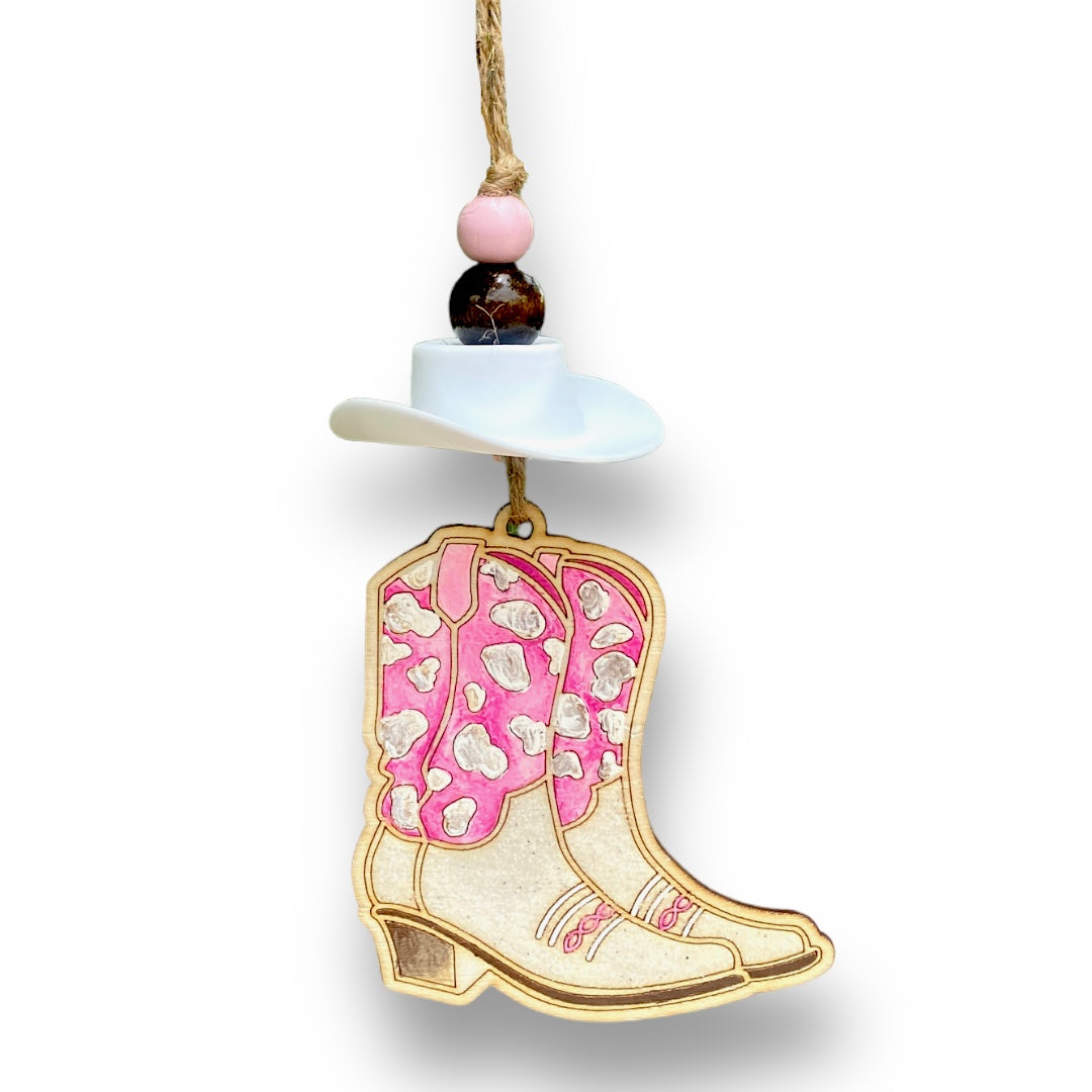 Pink Glittery Cheetah Cowgirl Boot Wood Car Charm