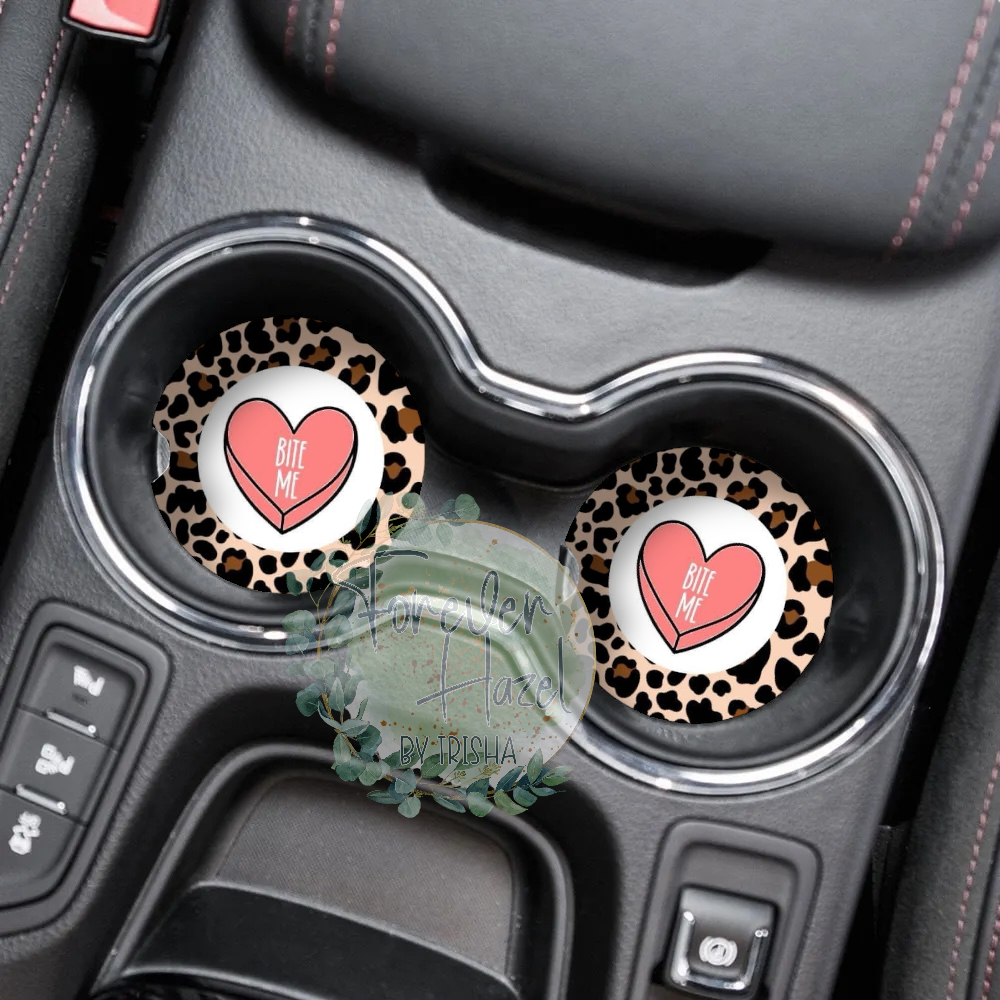 Cheetah Bite Me Heart Car Coaster Set
