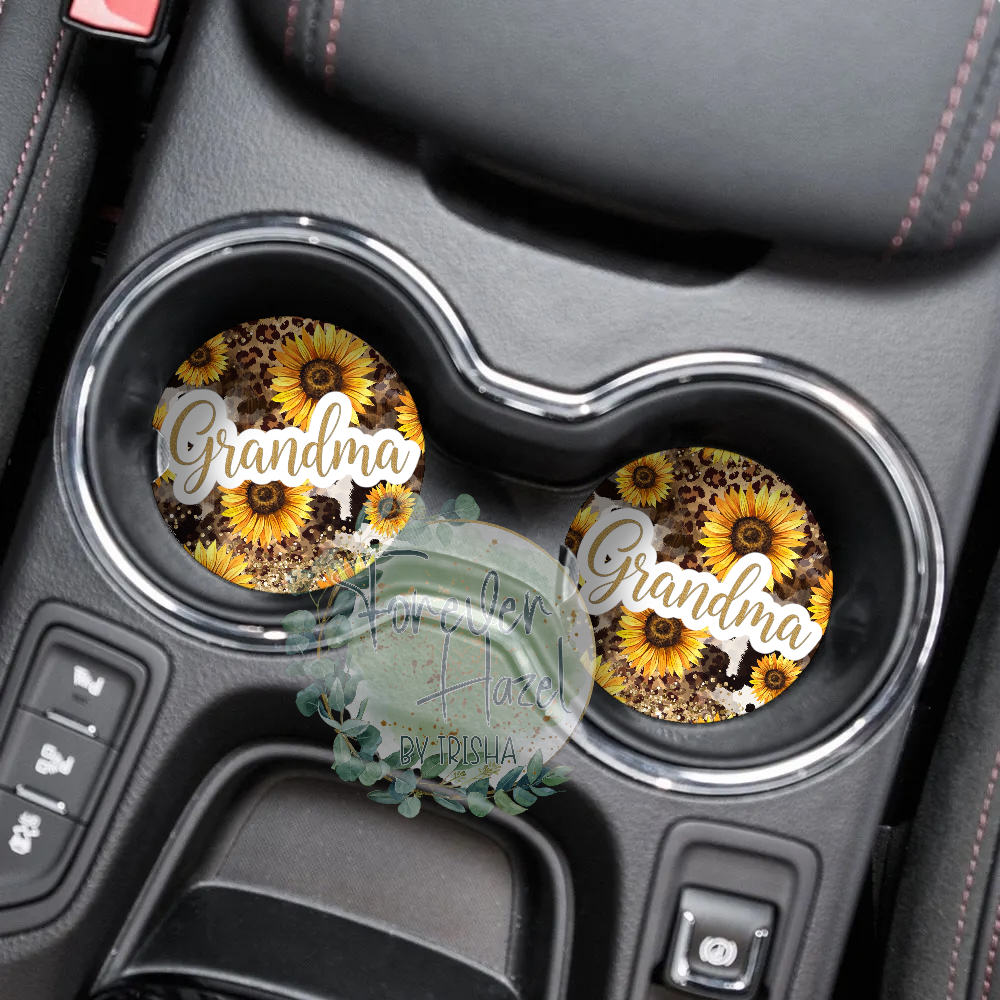 Grandma Cheetah and Sunflowers Car Coaster Set
