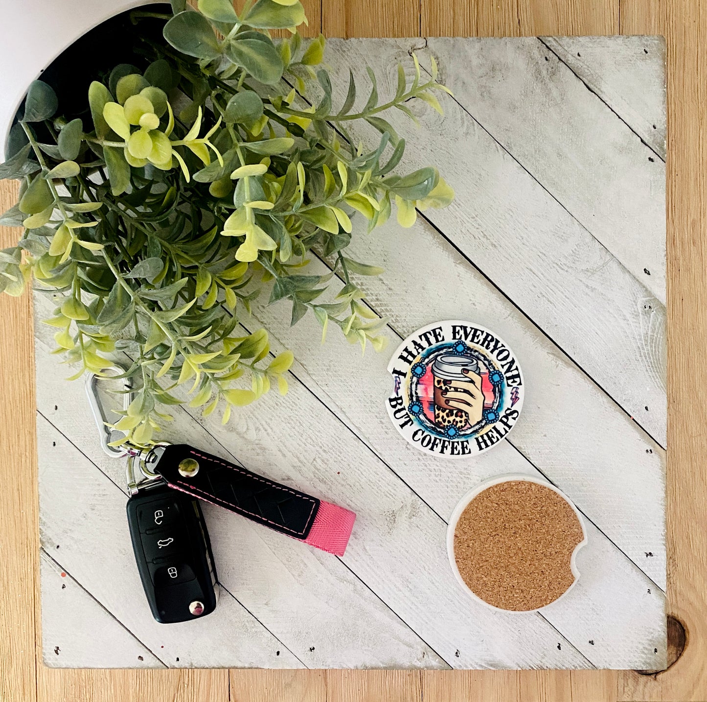 I Hate Everyone But Coffee Helps Car Coaster Set