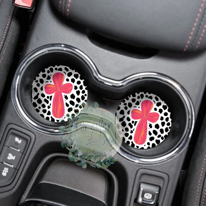 Spots and Pink Cross Car Coaster Set