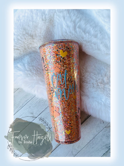 Cat Mom 24oz Glittered Acrylic 24oz Tumbler