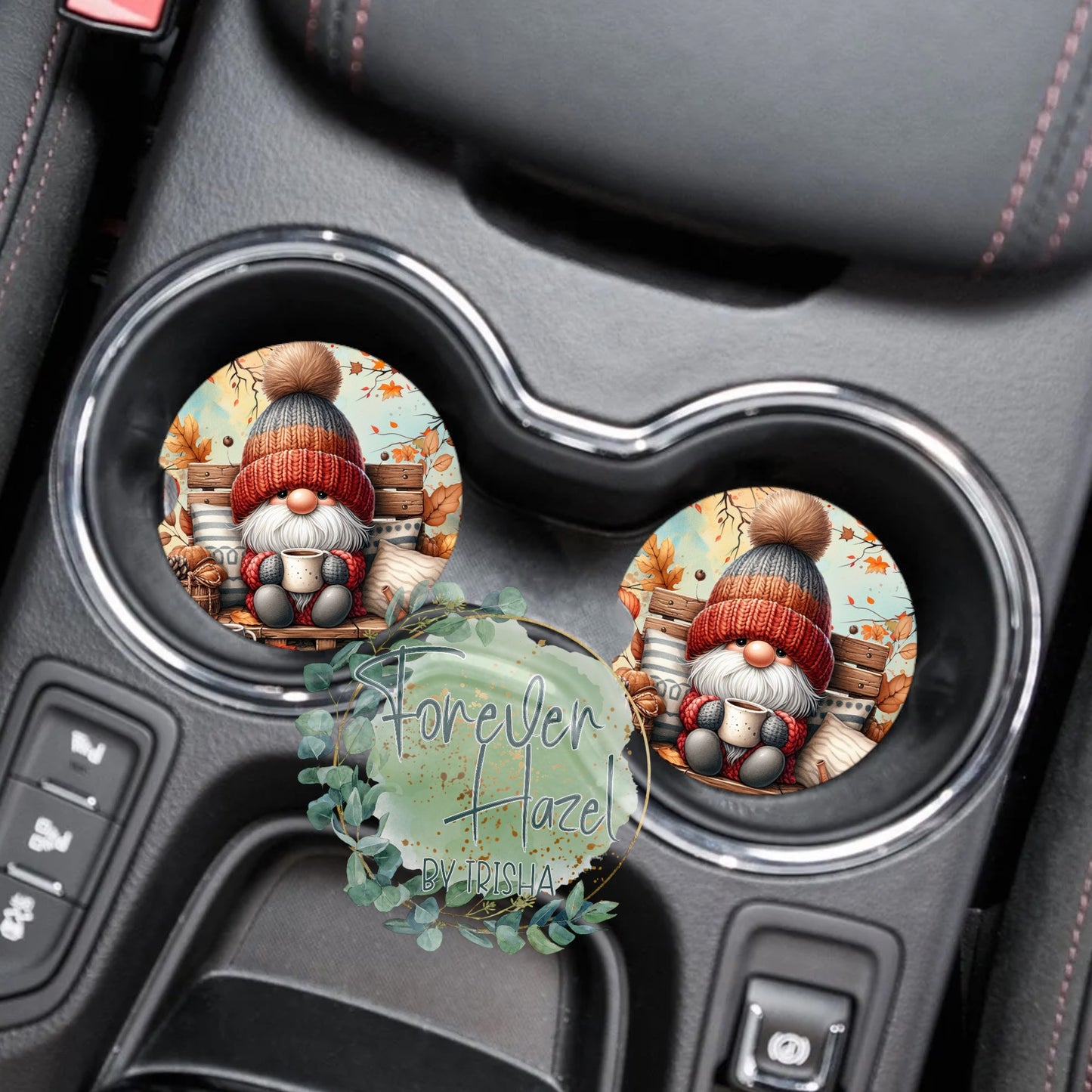 Cozy Autumn Gnome Car Coaster Set