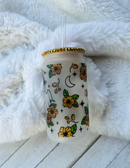 Floral Ghost Frosted Glass Can