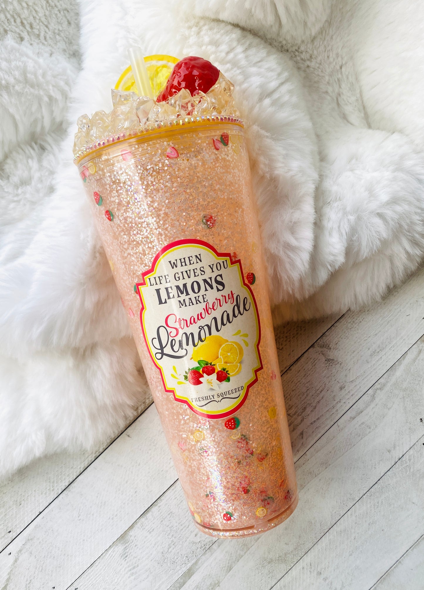 Strawberry Lemonade Glitter Snowglobe Acrylic 24oz Tumbler