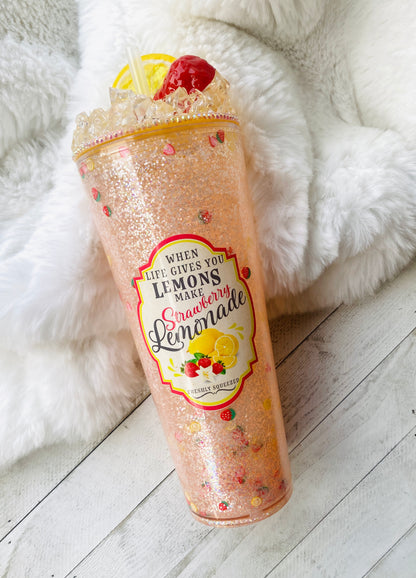 Strawberry Lemonade Glitter Snowglobe Acrylic 24oz Tumbler