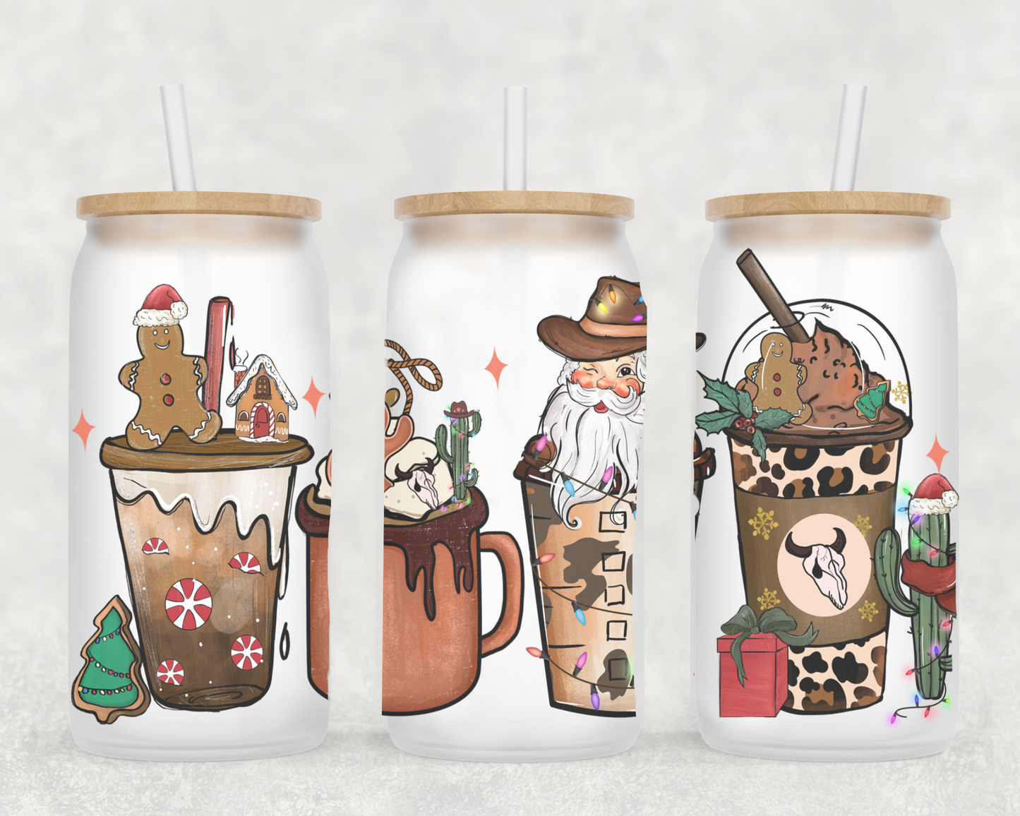 Cowboy Christmas Coffee Cups 16oz Frosted Glass Can