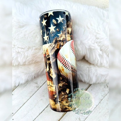 Distressed Flag & Baseball Tumbler