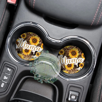 Mama Cheetah and Sunflowers Car Coaster Set