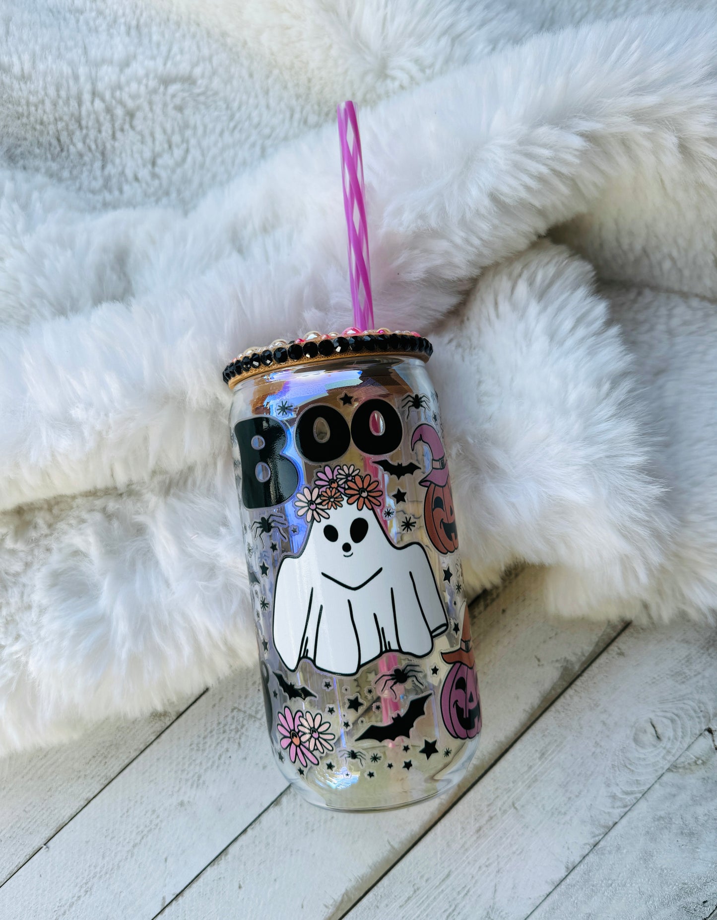 Boo Spooky Things Iridescent 16oz Glass Can