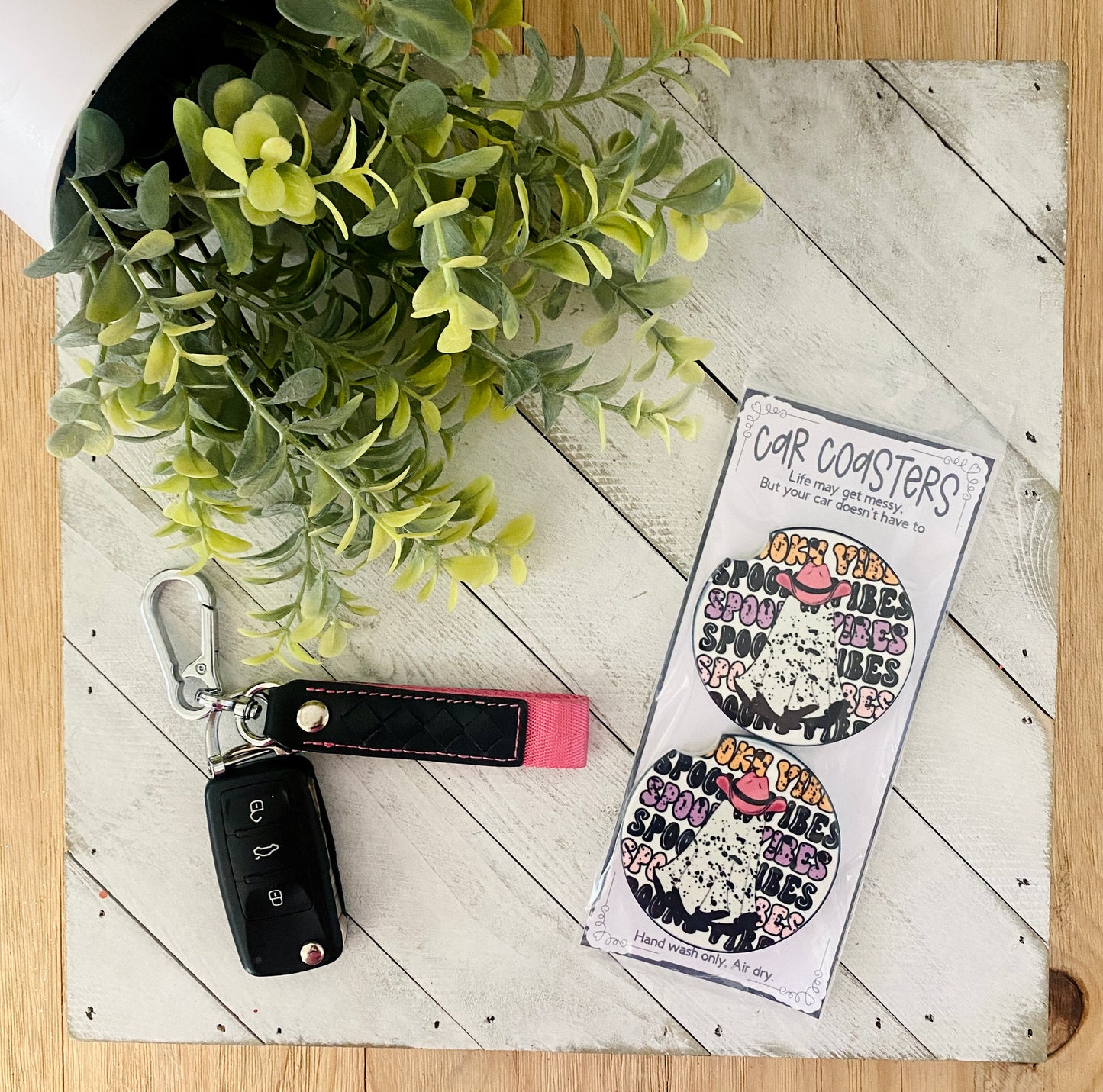 Spooky Vibes Cowgirl Ghost Car Coaster Set