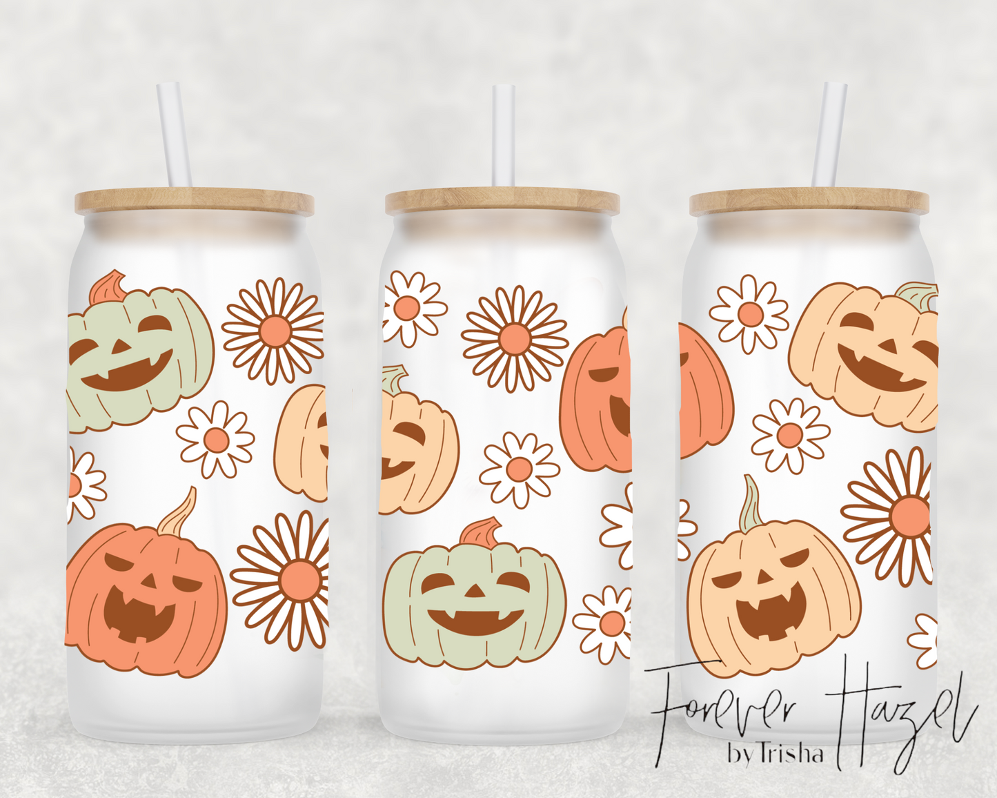 Jack-O-Lanterns & Daisies 16oz Frosted Glass Can