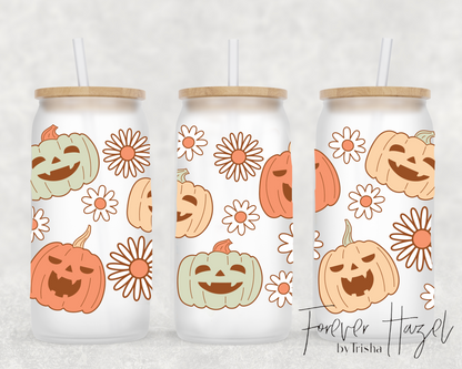 Jack-O-Lanterns & Daisies 16oz Frosted Glass Can