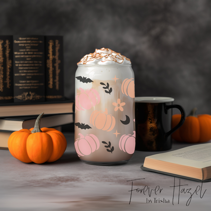 Bats, Flowers & Pumpkins 16oz Frosted Glass Can