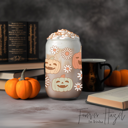 Jack-O-Lanterns & Daisies 16oz Frosted Glass Can