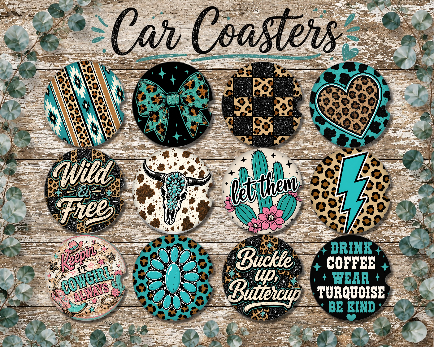 Turquoise and Cheetah Western Car Coaster Set
