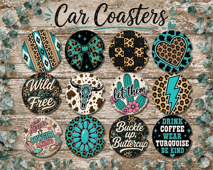 Turquoise and Cheetah Western Car Coaster Set