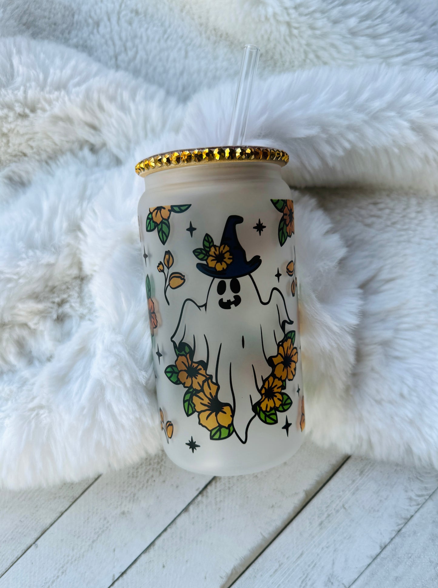 Floral Ghost Frosted Glass Can