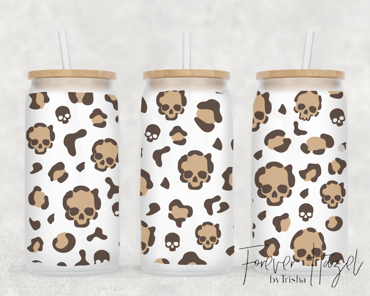 Brown Skulls & Cheetah 16oz Frosted Glass Can