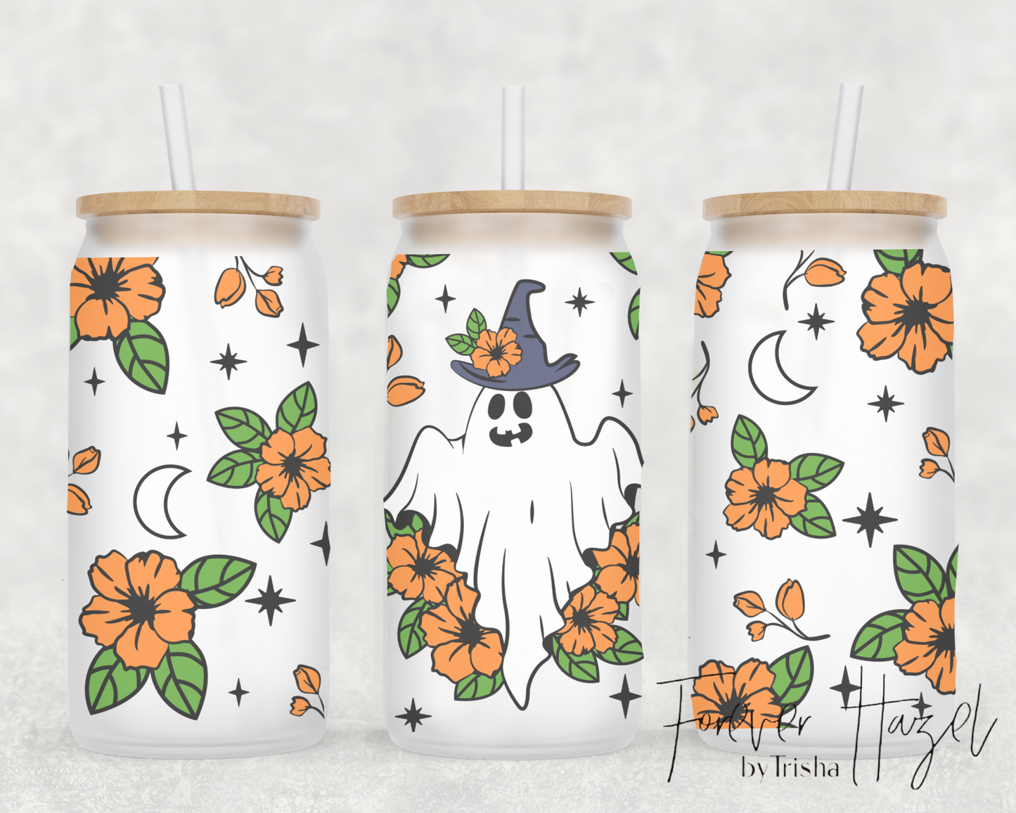 Floral Ghost 16oz Frosted Glass Can