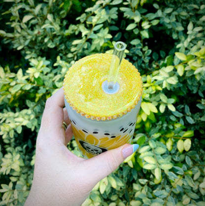 Sunflower Skulls Frosted Glass Can
