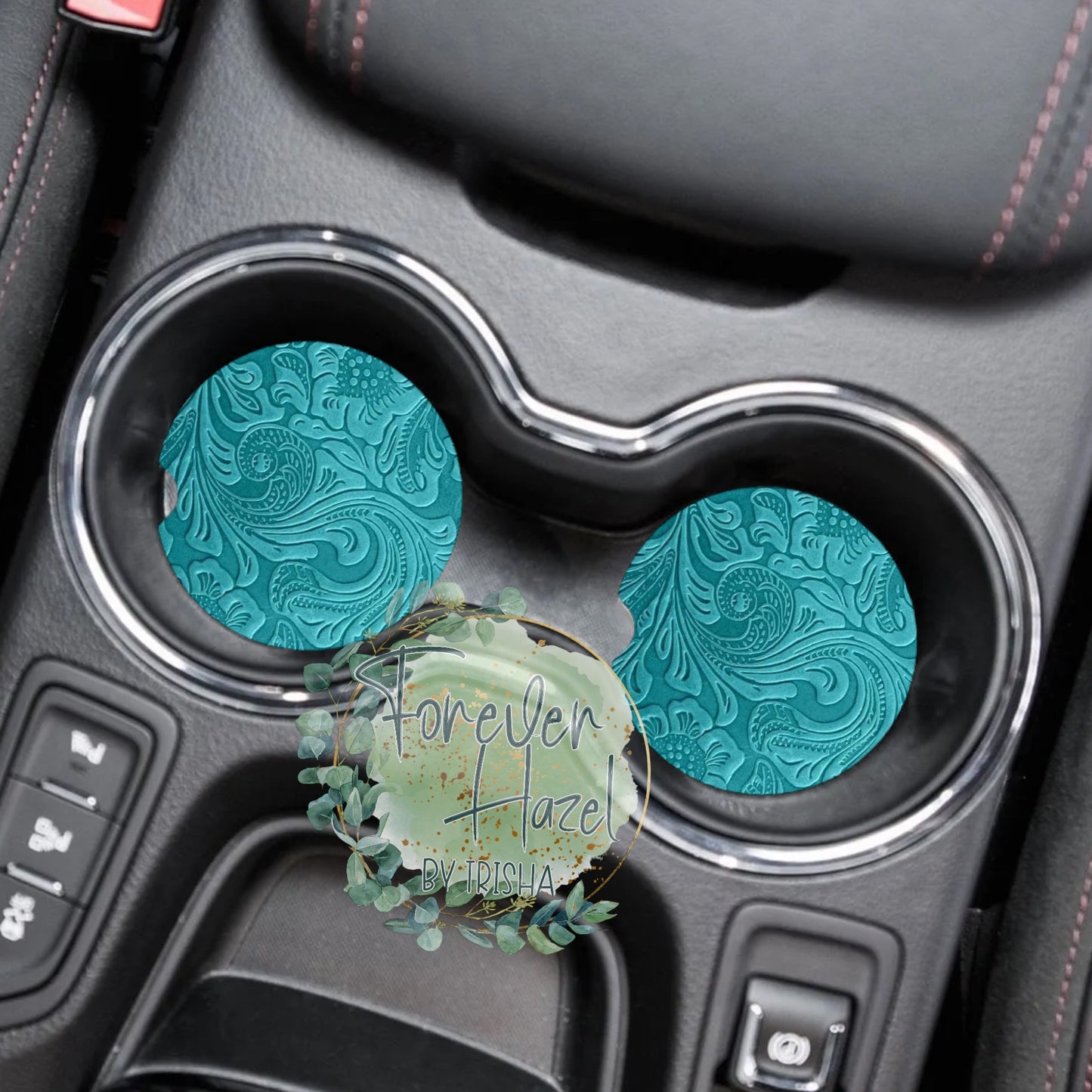 Turquoise Embossed Leather Look Car Coaster Set
