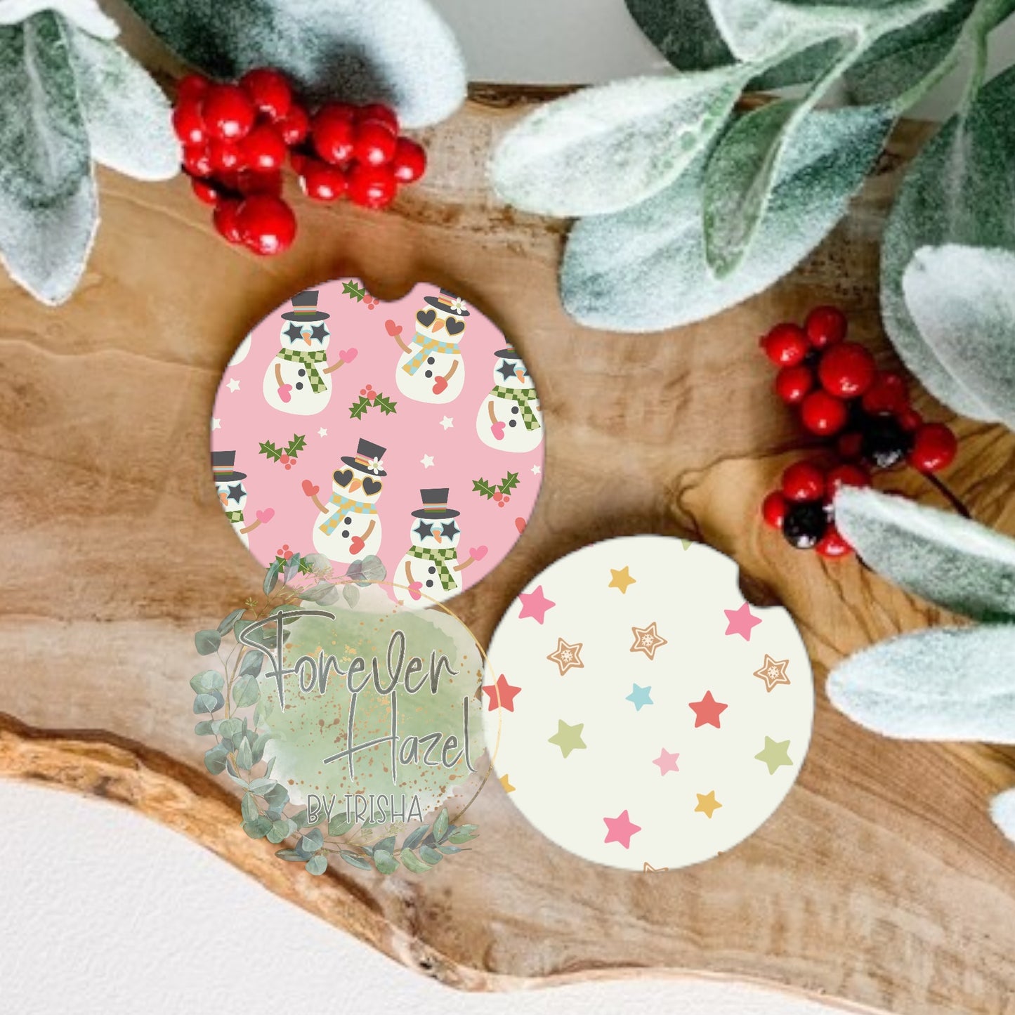 Pink Snowman Car Coaster Set