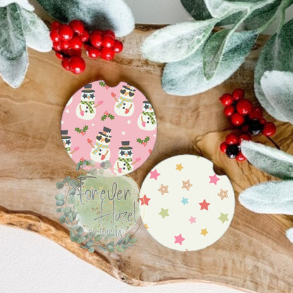 Pink Snowman Car Coaster Set