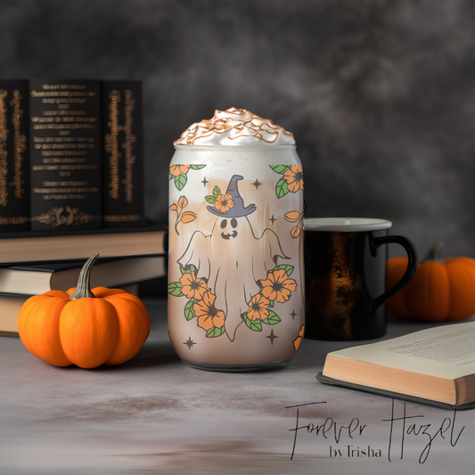 Floral Ghost 16oz Frosted Glass Can