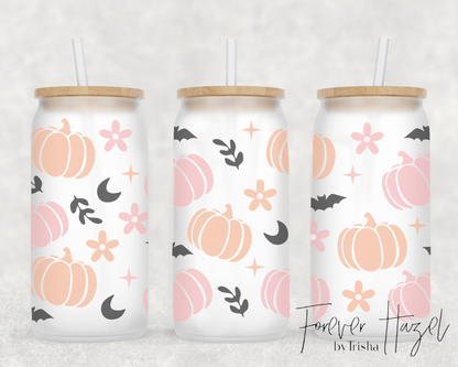 Bats, Flowers & Pumpkins 16oz Frosted Glass Can