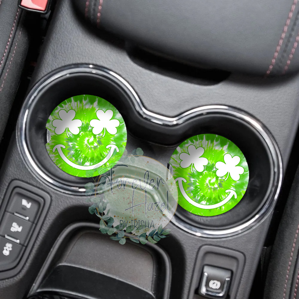 Green Tie Dye Smiley Car Coaster Set