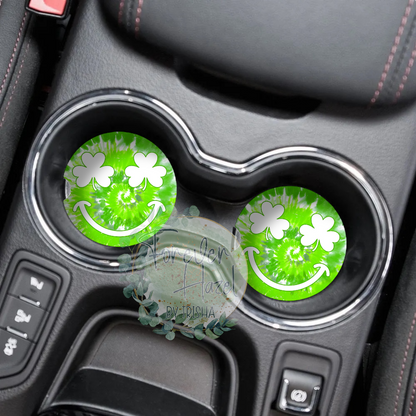Green Tie Dye Smiley Car Coaster Set