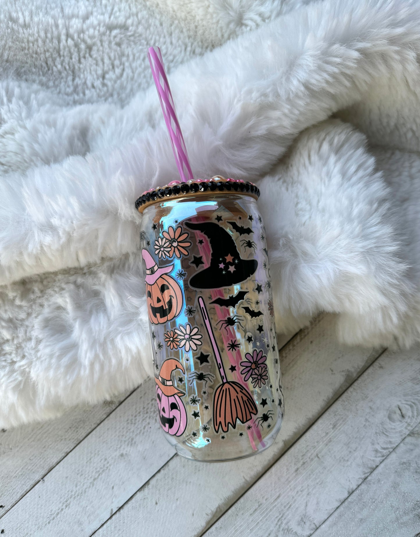 Boo Spooky Things Iridescent 16oz Glass Can