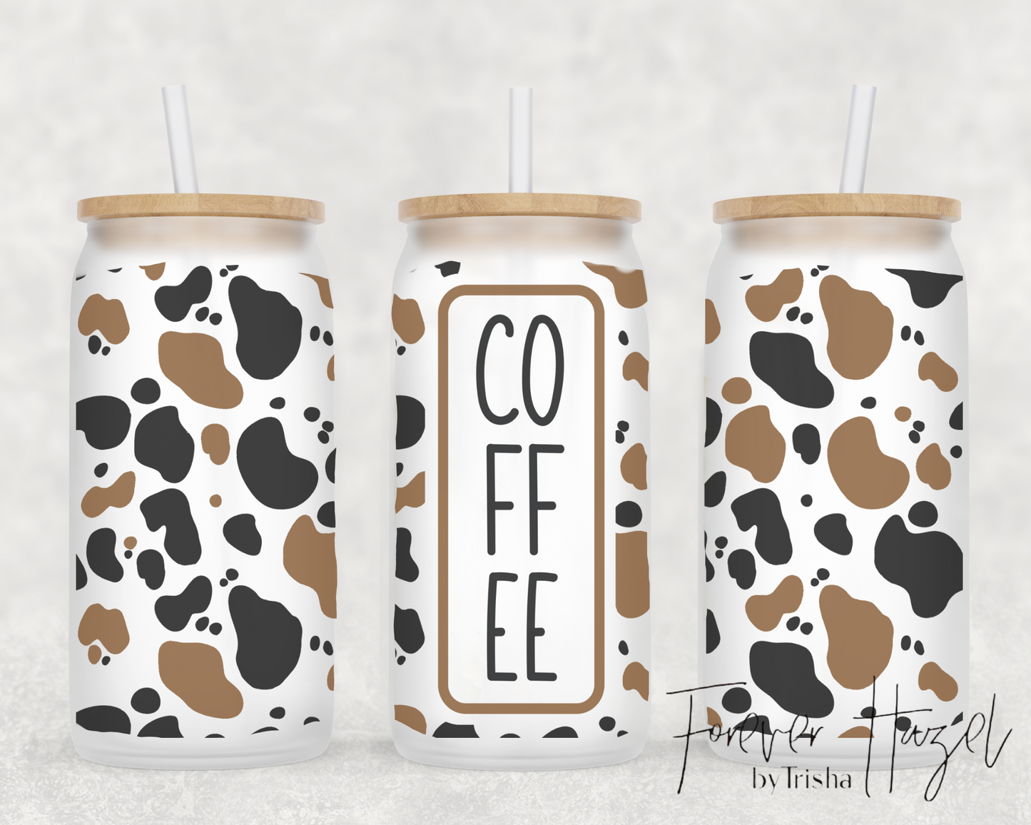 Cow Print & Coffee 16oz Frosted Glass Can